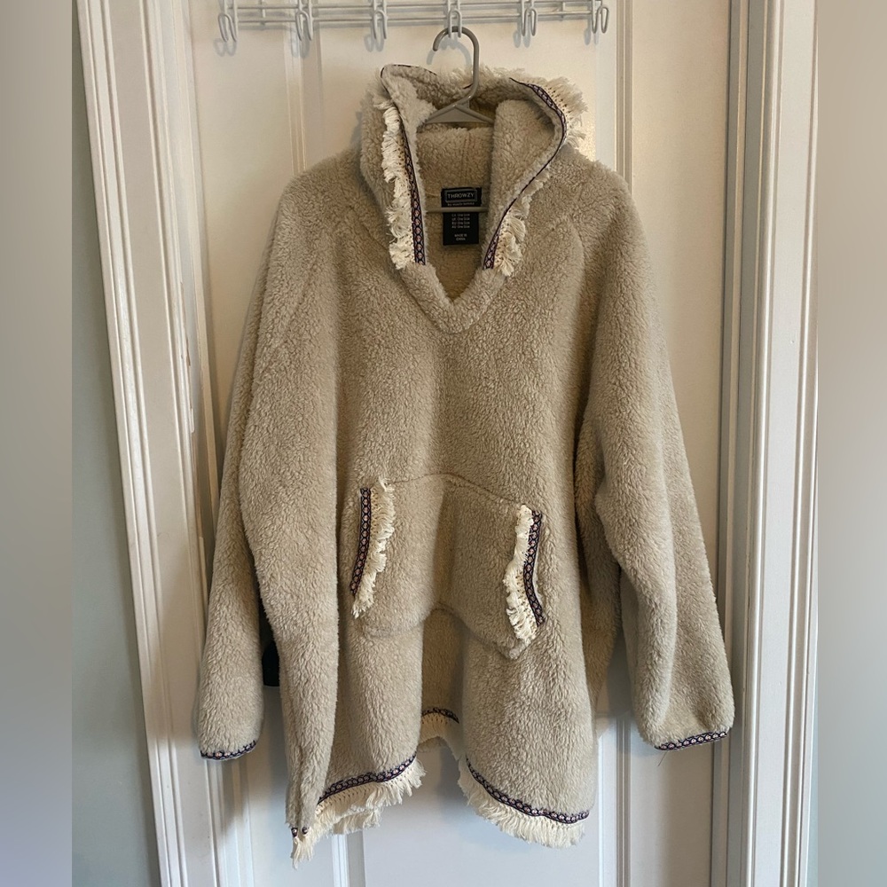 Throwzy Cozy Beige Hooded Pullover One Size Fringe